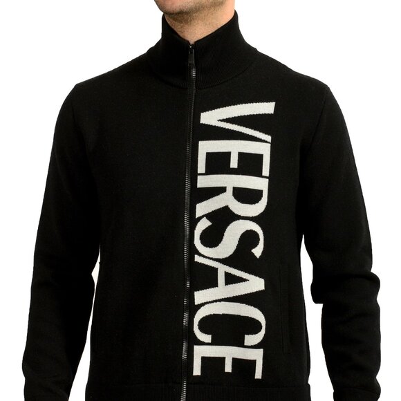 Versace Men's Wool Knitted Logo Print Full Zip Cardigan Sweater US 2XL IT 56 - Picture 1 of 5